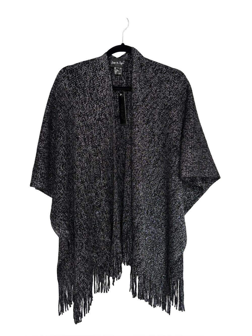 NEW Step in Style Black Silver Metallic Fringe Knit Poncho Wrap - Size S/M